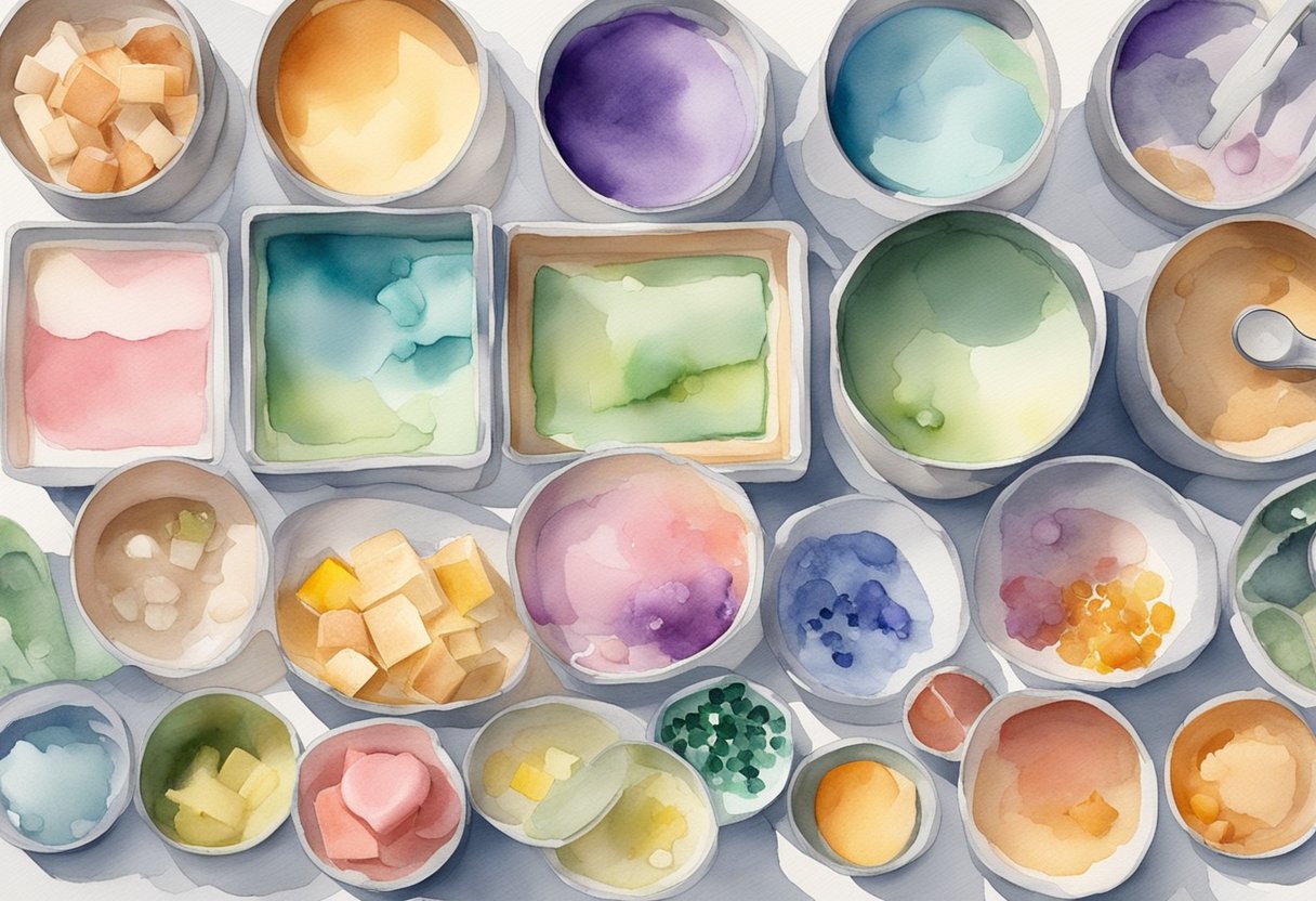 A colorful array of soap-making supplies and ingredients spread out on a clean, organized workspace, including molds, essential oils, and natural colorants