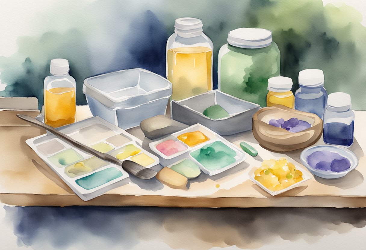 A table with various soap making supplies: oils, lye, molds, and essential oils. A recipe book and safety equipment are nearby