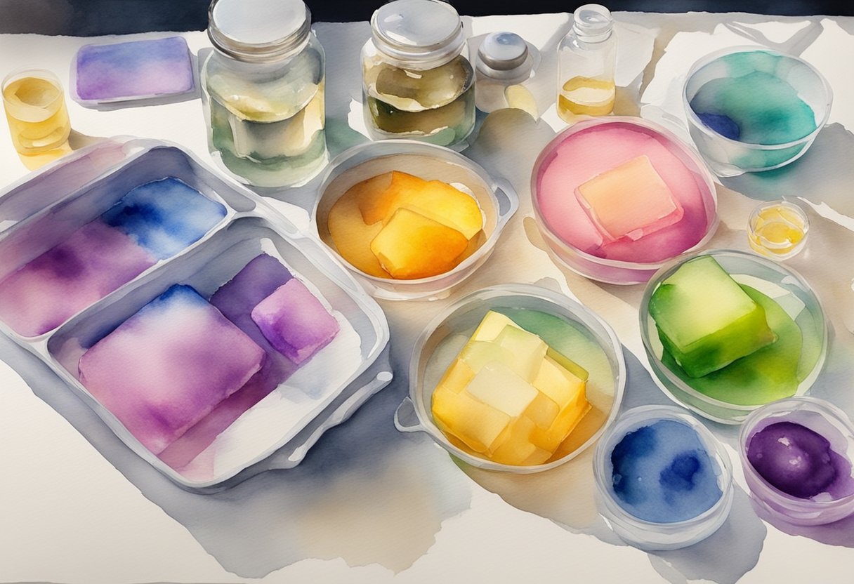 A table with various molds, colorful soap dyes, and fragrant essential oils. A heat source, mixing tools, and clear glycerin soap blocks ready for melting