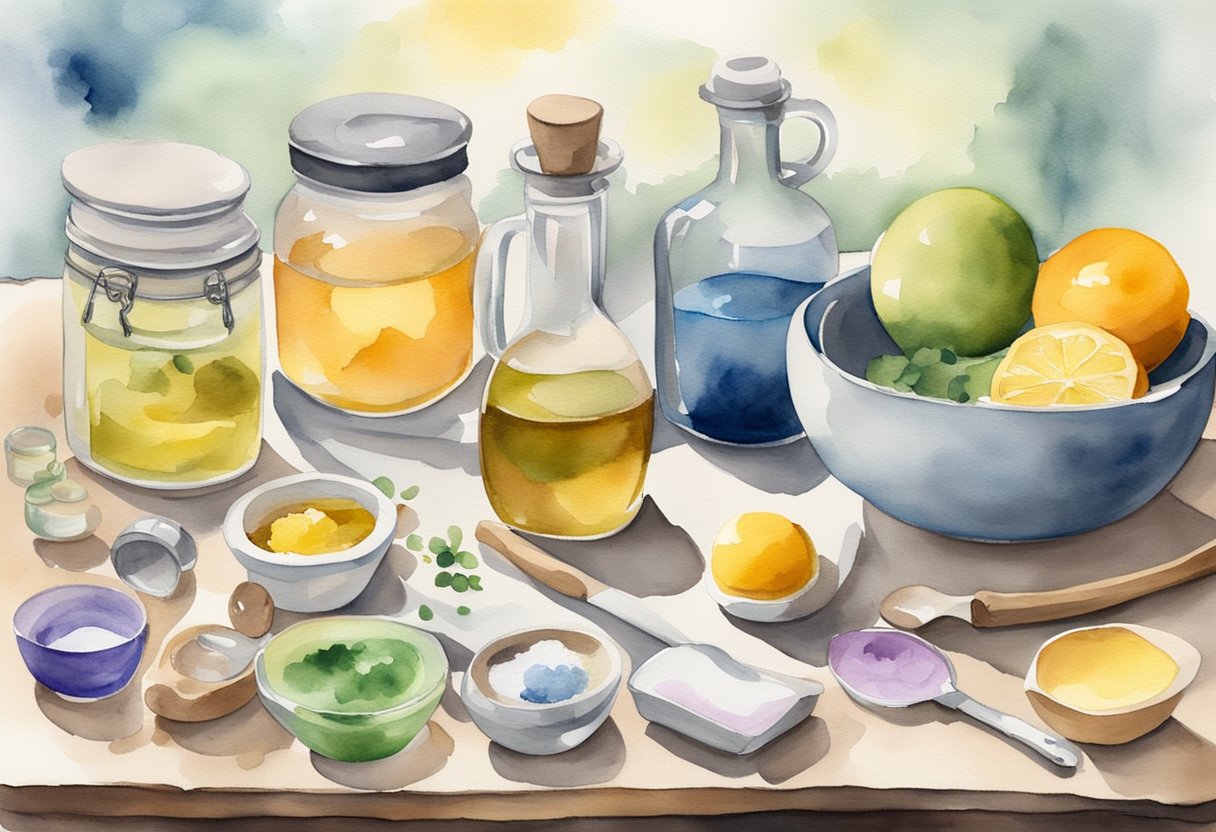 A table with various ingredients and tools for soap making: oils, lye, essential oils, molds, mixing bowls, and a recipe book