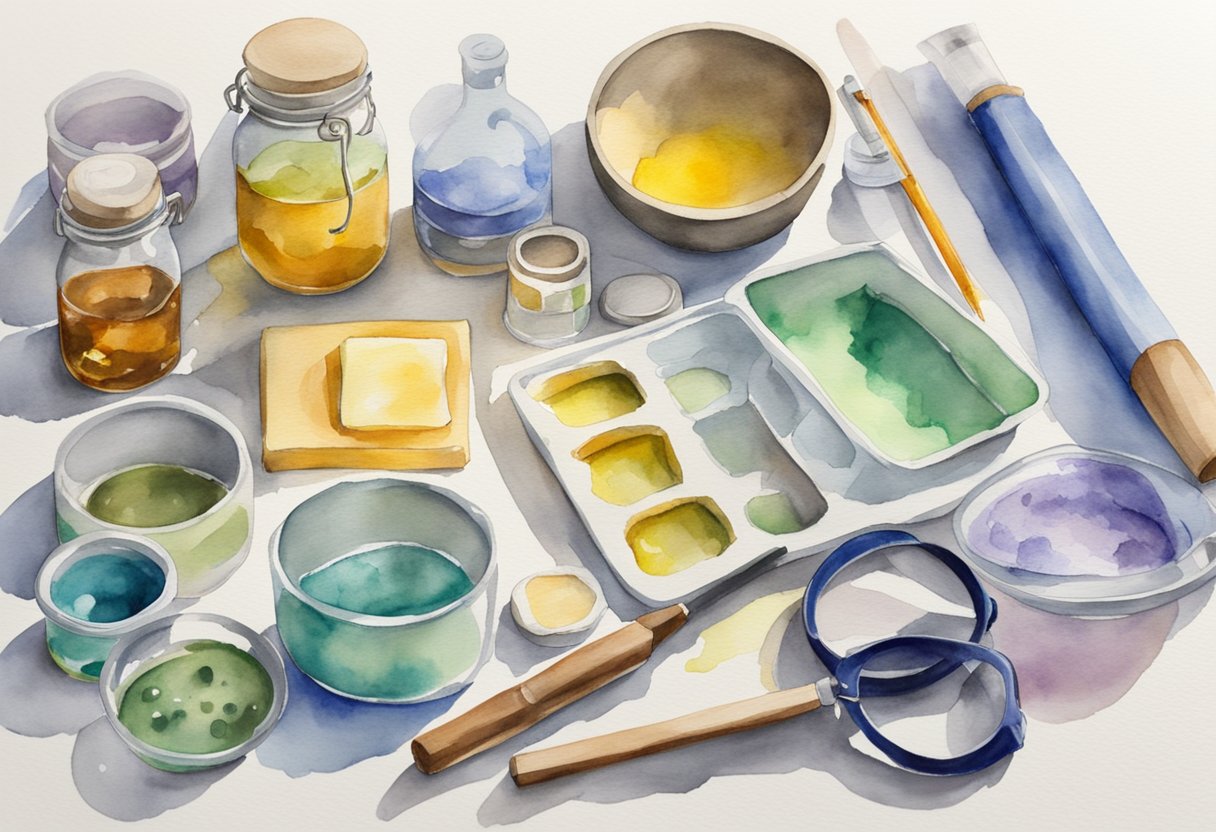 A table with soap making supplies: molds, oils, lye, thermometer, and safety gear like gloves and goggles. A beginner's guide book is open next to the equipment
