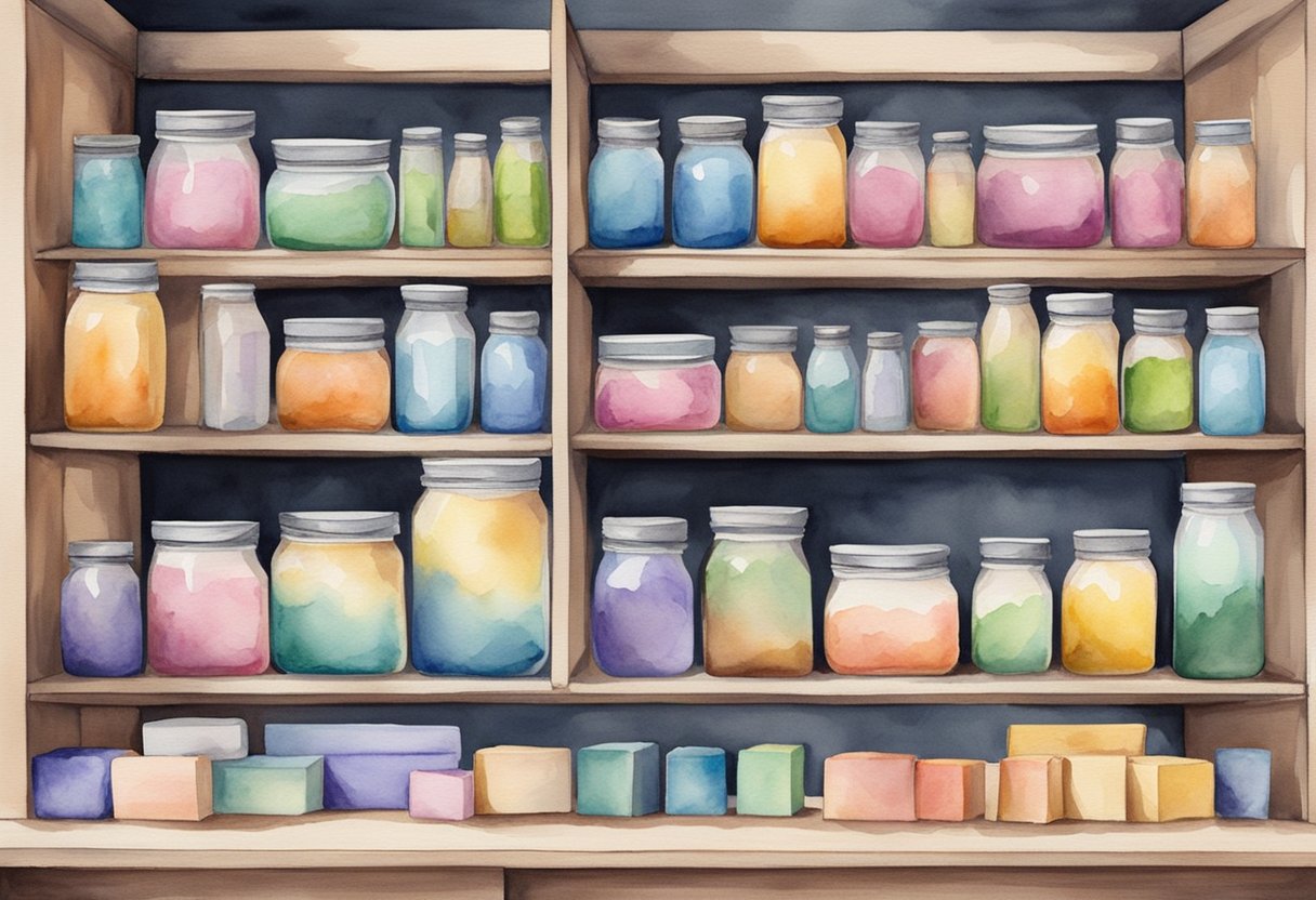 Colorful homemade soaps neatly arranged in rows on a wooden shelf, with various types of packaging materials such as paper bags, glass jars, and decorative boxes nearby for storing and displaying the soaps