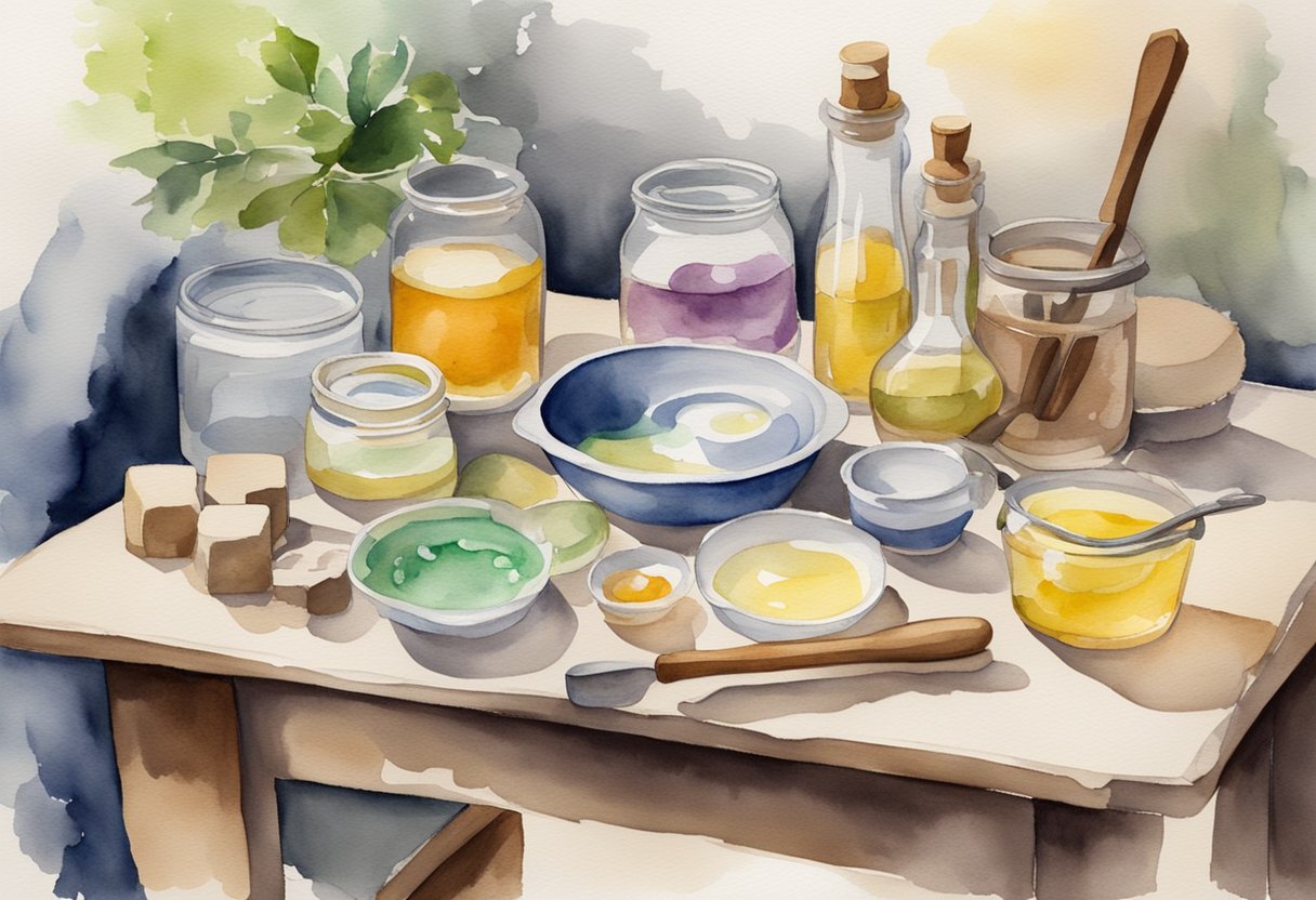 A table with various ingredients and tools for soap making, including oils, lye, molds, and stirring utensils. A recipe book and tutorials are open nearby