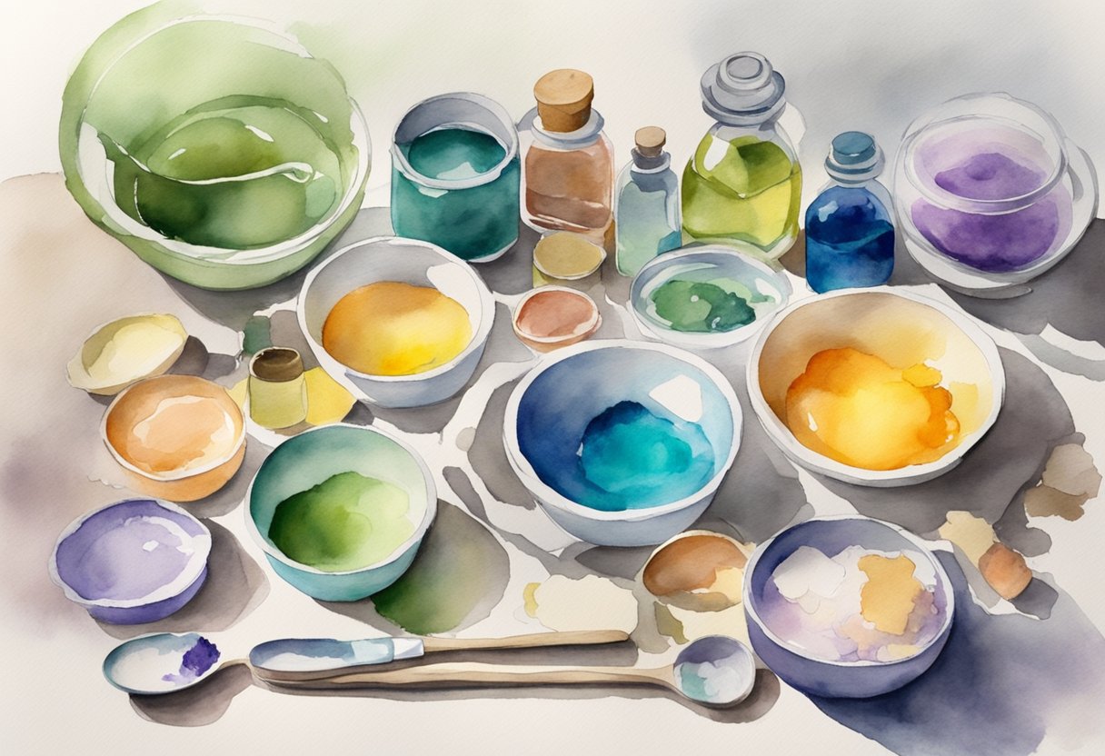 A table with various soap making supplies: molds, oils, fragrances, and colorants. A mixing bowl and spoon sit ready for use. A beginner's guide book lays open next to the supplies