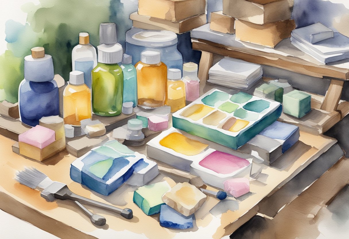 A table with various soap making ingredients and tools laid out, including oils, lye, molds, and mixing utensils. A book titled "The Cold Process Method Beginner's Guide to Soap Making" is open to a page with step-by-step instructions