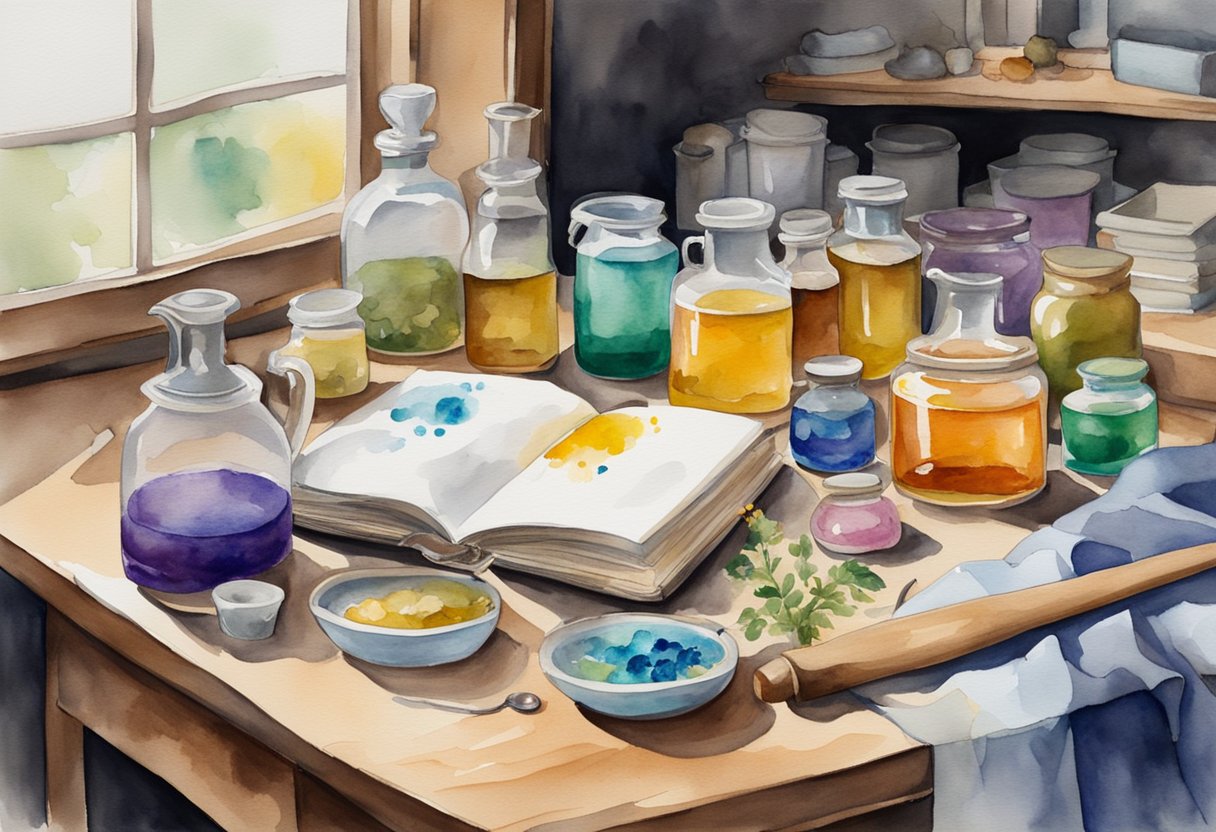 A table filled with beakers, oils, and lye. A thermometer and stirring utensils sit nearby. A book on soap making lies open, surrounded by colorful molds and dried flowers