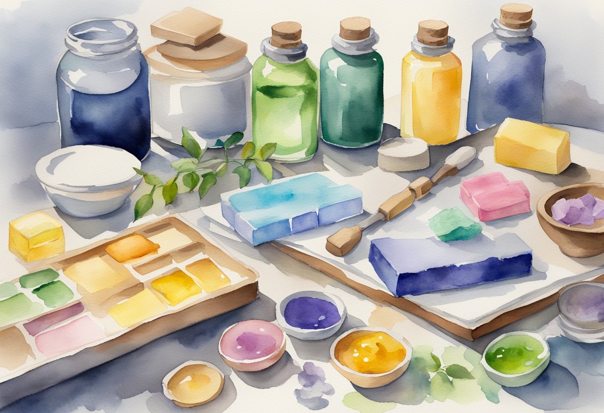 A table with various soap-making supplies: oils, lye, molds, and essential oils. A beginner's guide book open to the "Frequently Asked Questions" section