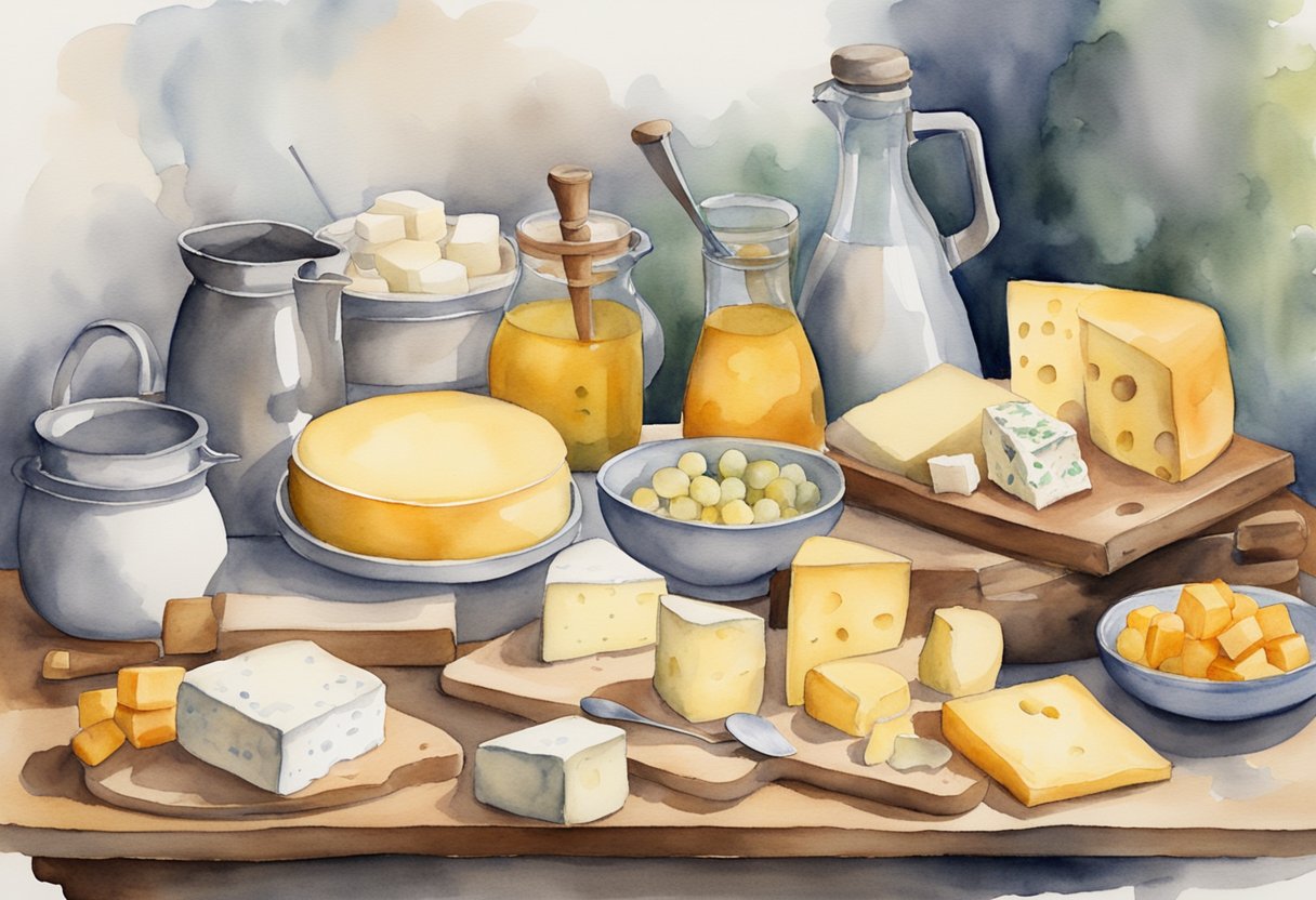 A table filled with cheese-making equipment and ingredients. A book titled "Getting Started with Cheesemaking" open to a page with step-by-step instructions
