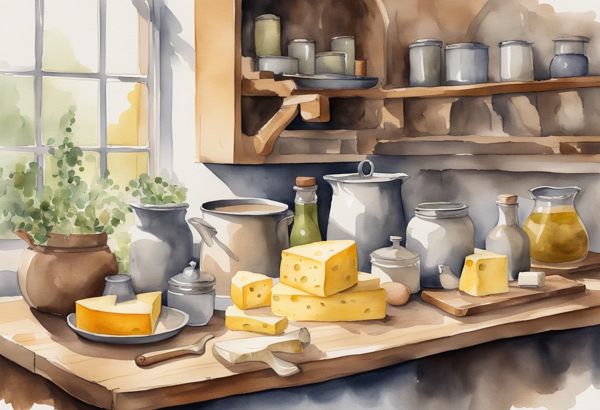 A rustic kitchen with a wooden work surface covered in various cheese making equipment and ingredients. A book titled "Beginner's Guide to Cheese Making" is open on the table