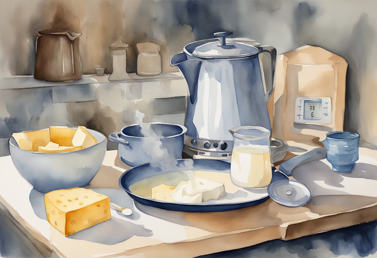 A pitcher pours milk into a large pot on a stovetop. A thermometer and cheese cloth sit nearby