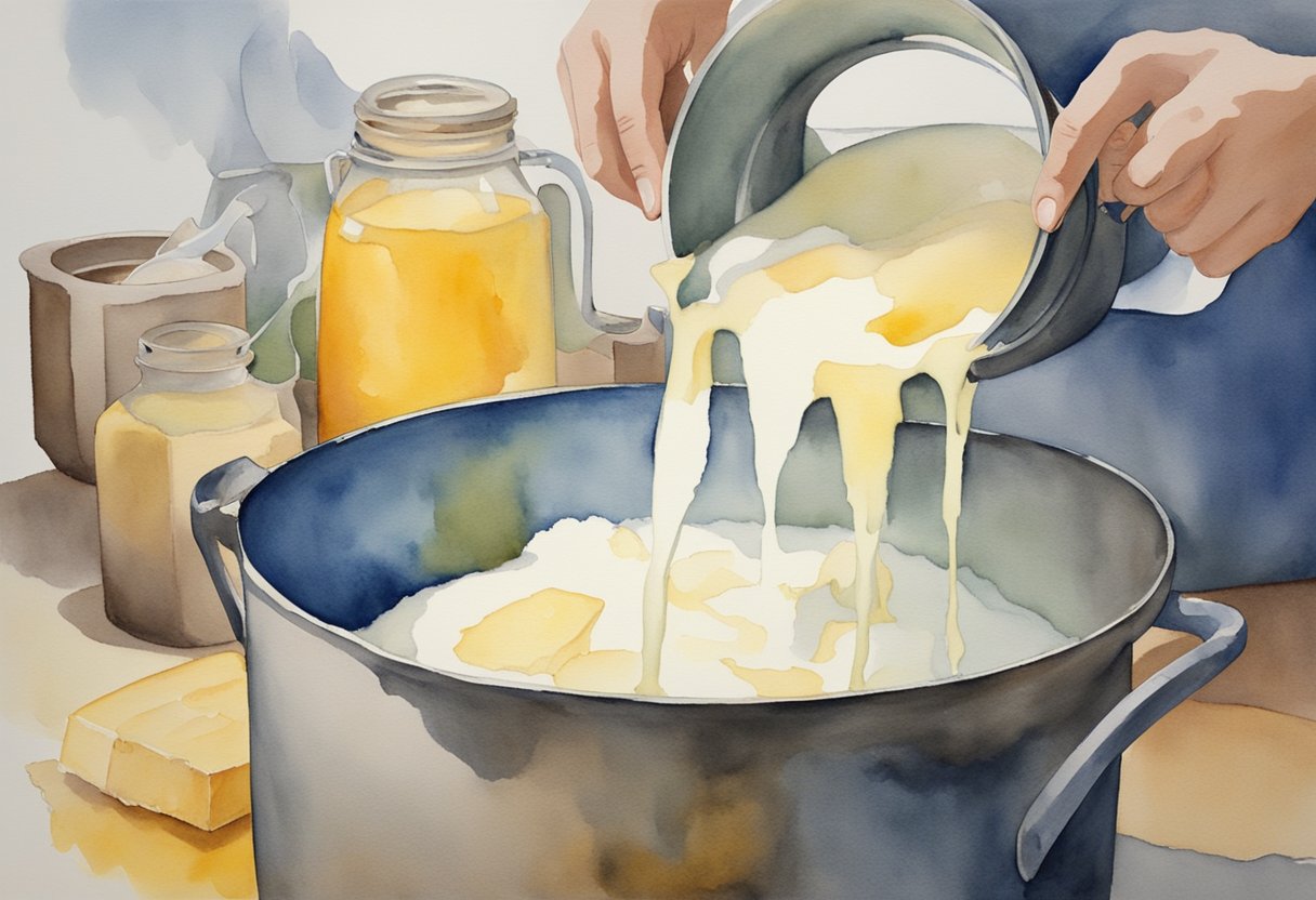 Milk is poured into a large pot and heated. Rennet is added, causing the milk to curdle. The curds are then cut and separated from the whey using a cheesecloth