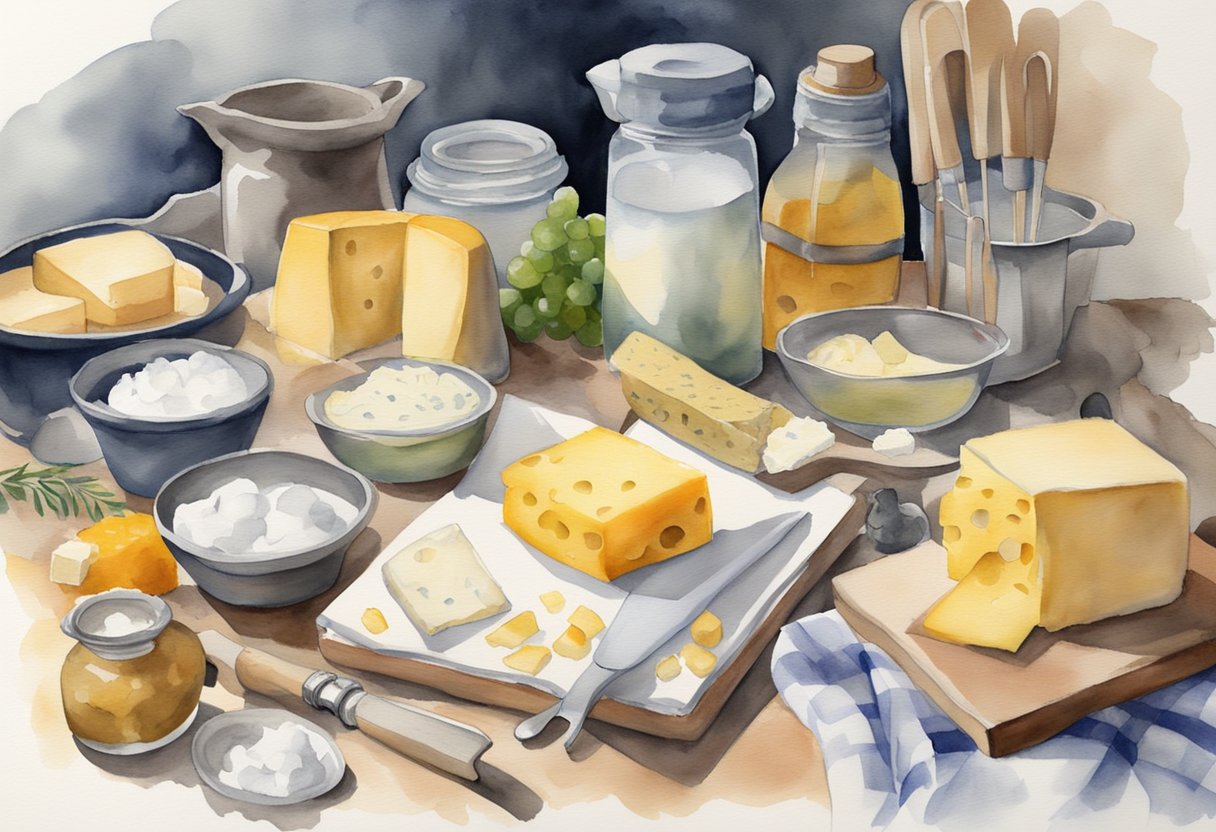 A cluttered kitchen counter with a variety of cheese making supplies, including a cheese cloth, thermometer, rennet, and cheese molds. A book titled "Beginner's Guide to Cheese Making" is open to a page with detailed instructions