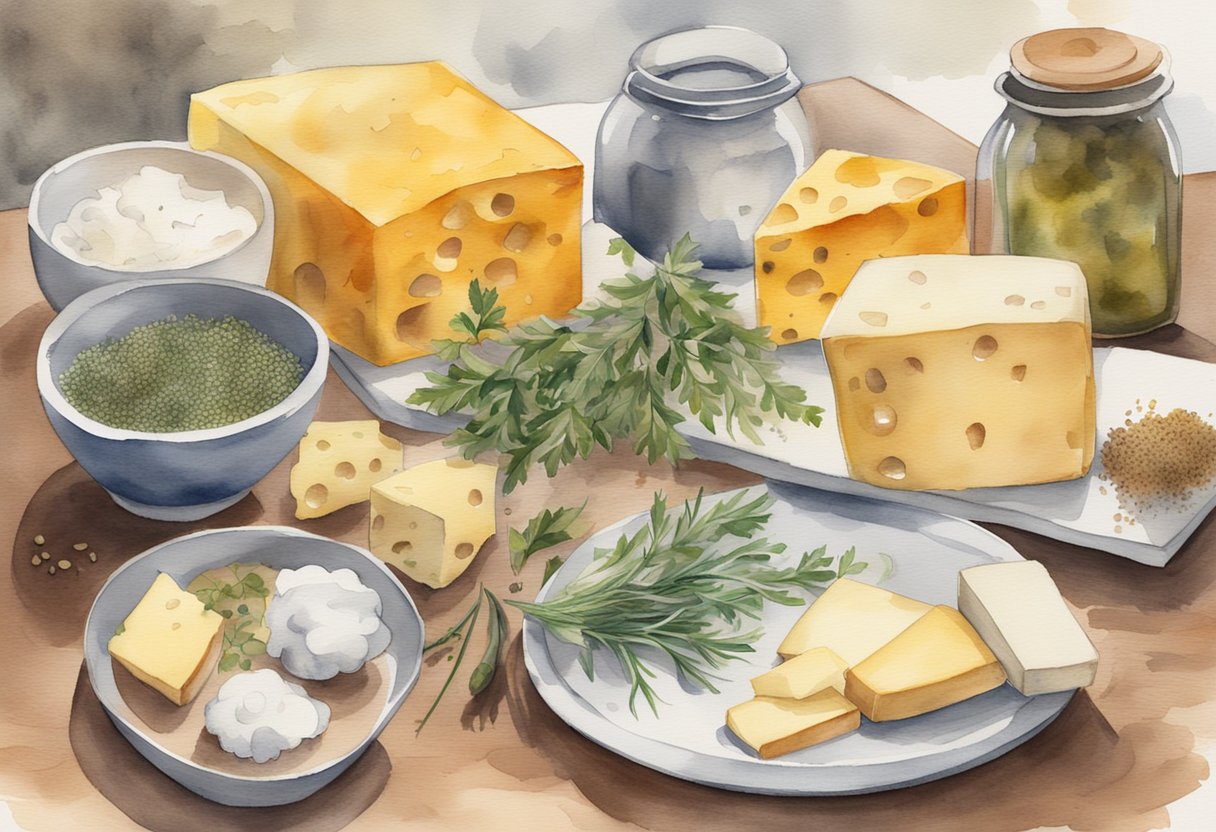 A table with various herbs, spices, and flavorings arranged next to a cheese-making kit. A book titled "Flavoring and Seasoning Beginner's Guide to Cheese Making as a Hobby" is open to a page with detailed instructions