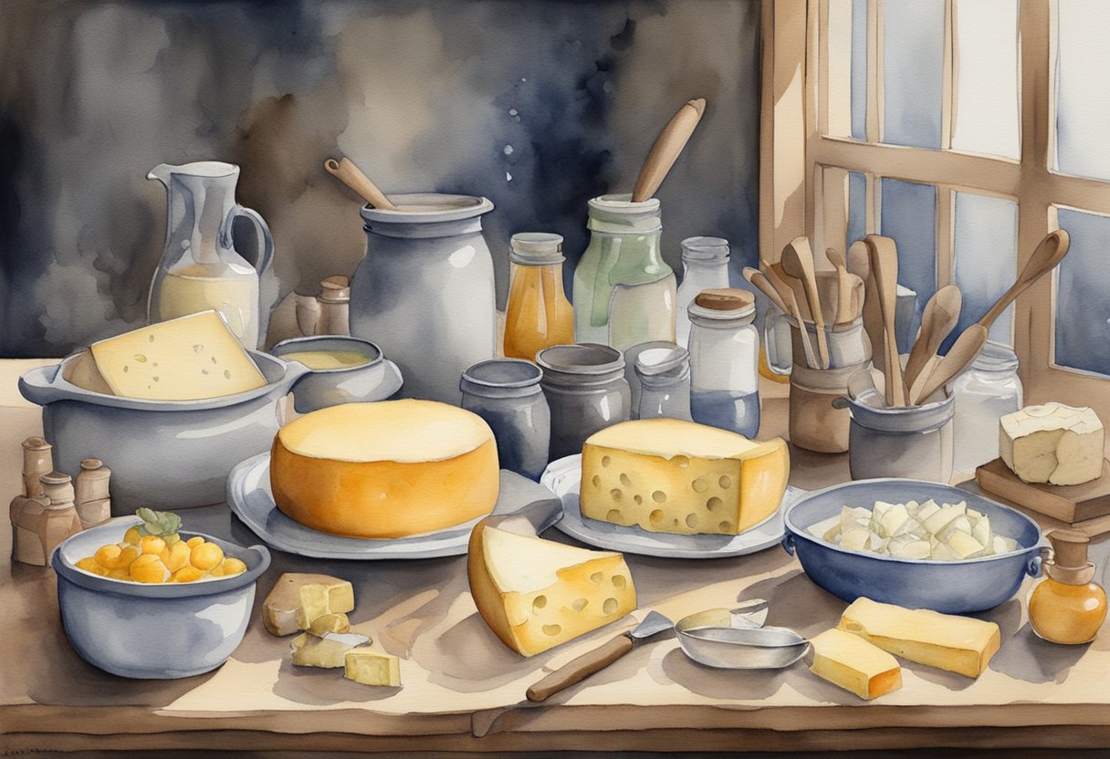 A table with various cheese making tools and ingredients, including a thermometer, rennet, cheese cultures, and a large pot. A book open to a troubleshooting section with common issues listed