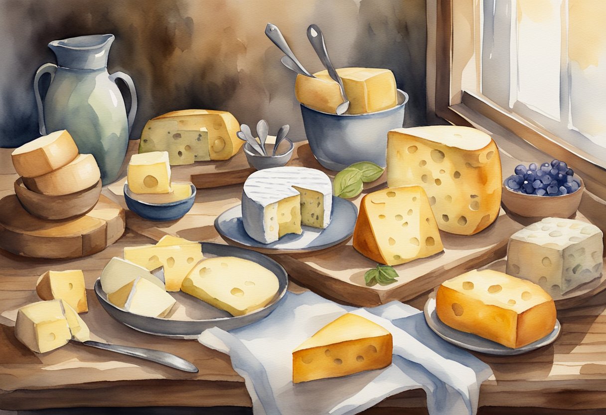 Various cheese types displayed on a rustic wooden table with accompanying recipe books and utensils. A cozy kitchen setting with natural light streaming in