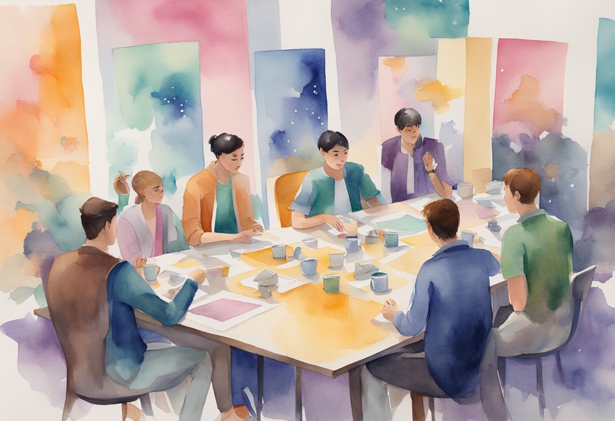 A group of cardists gather in a vibrant, modern space, exchanging tips and tricks. Cards fly through the air as they practice and bond over their shared hobby