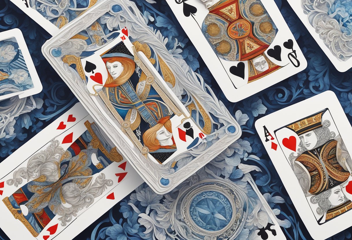 A deck of playing cards being expertly manipulated in a mesmerizing display of intricate cuts, shuffles, and flourishes, creating a dynamic and visually stunning cardistry performance