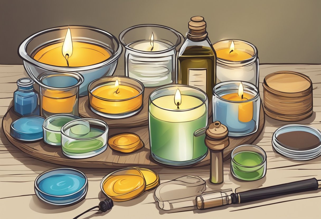 A table with various candle making supplies: wax, wicks, molds, and fragrance oils. A step-by-step guidebook open to a page on pouring and setting candles