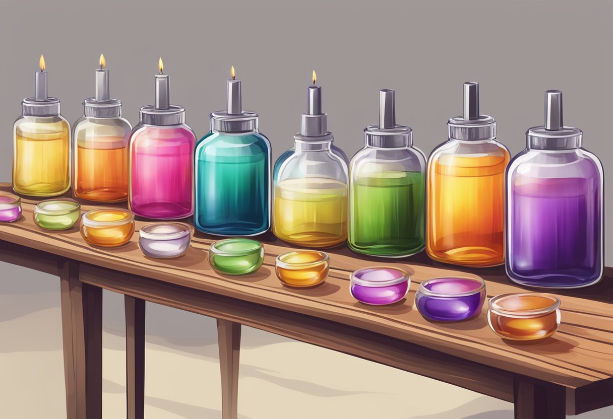 A table with various fragrance oils and dye colors arranged neatly next to a row of empty glass jars and wicks, ready for candle making