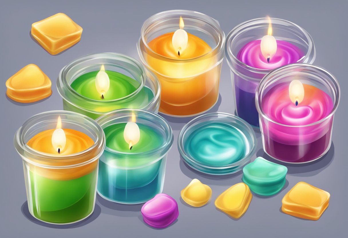 Wax melts in a double boiler. Fragrance oil is added. Wick is centered in a glass jar. Wax is poured into the jar. Candle cools and hardens