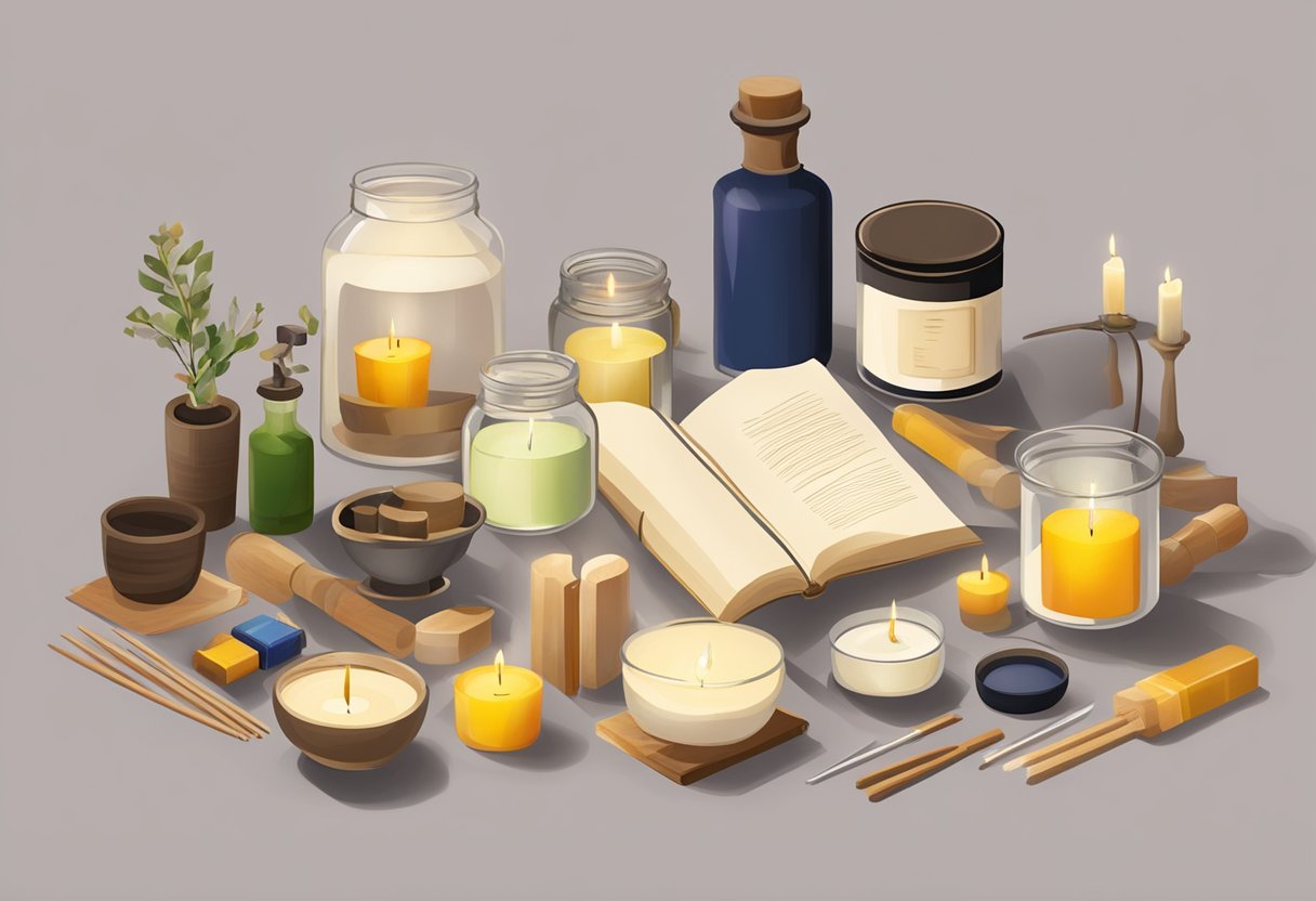 A table with various candle-making supplies, including wax, wicks, and fragrance oils. A beginner's guide book is open, with a highlighted section on choosing the right wick