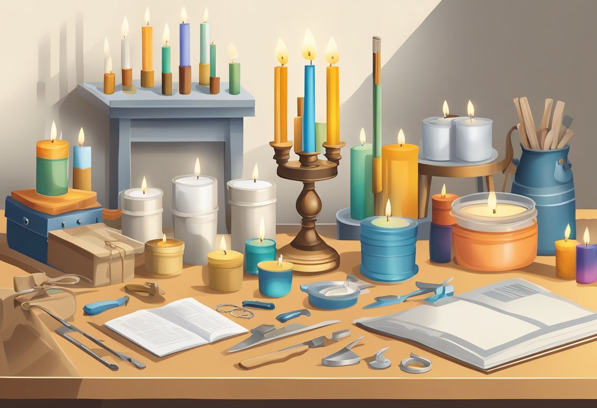 A table with a variety of candle-making supplies: wax, wicks, molds, and tools. A safety poster on the wall and a guidebook open to a page on maintenance