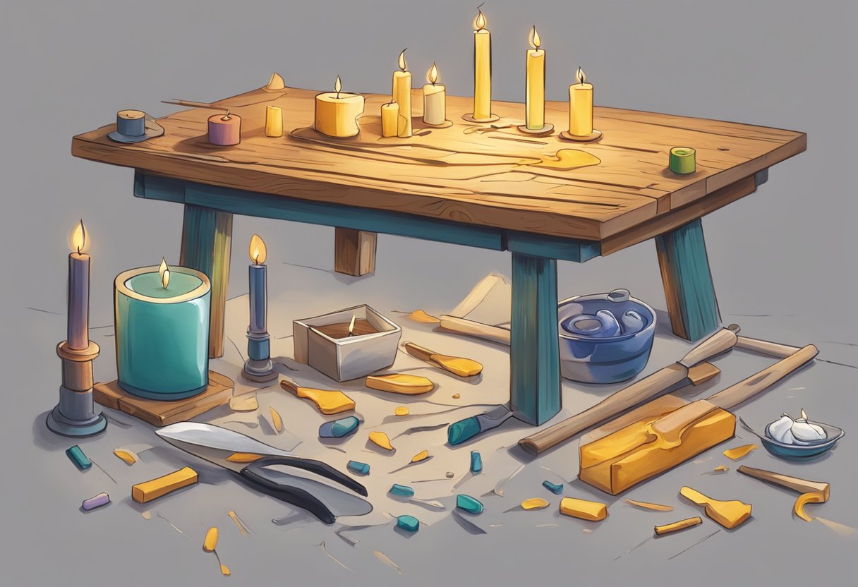 A table with spilled wax, uneven wicks, and misshapen candles. Tools and materials scattered around. Frustrated expression on a beginner's face