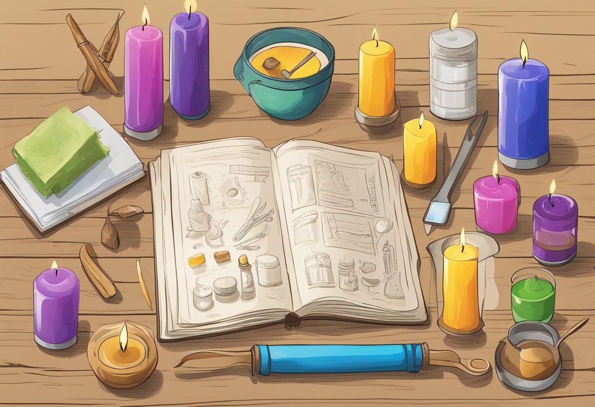 A table with various candle making tools and supplies, including different types of wax, wicks, fragrance oils, and molds. A book titled "Advanced Candle Making Techniques Beginner's Guide to Candle Making as a Hobby" is open to a page showing a