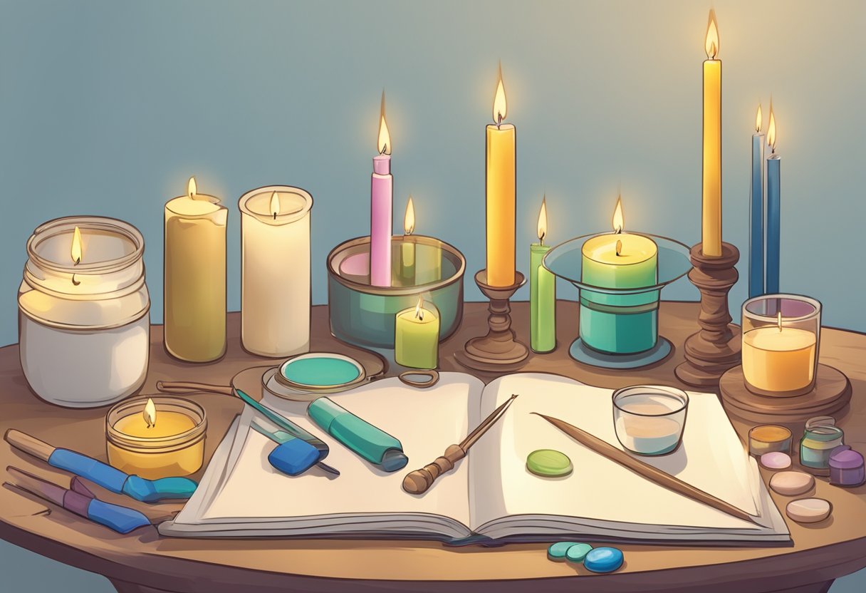 A table with various candle making supplies: wax, wicks, molds, and fragrances. A beginner's guide book open next to a lit candle