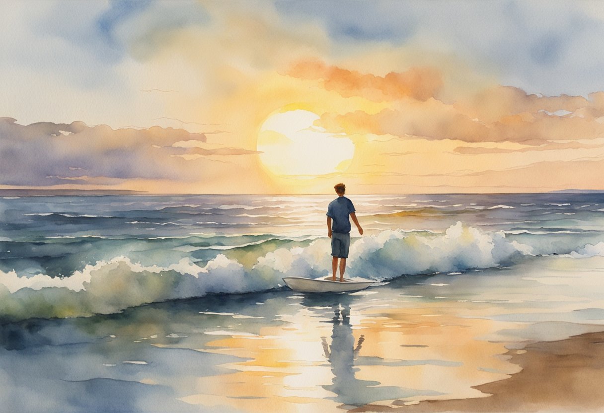 A figure glides across the water's edge, board skimming the surface. Waves crash in the distance as the sun sets, casting a warm glow over the scene
