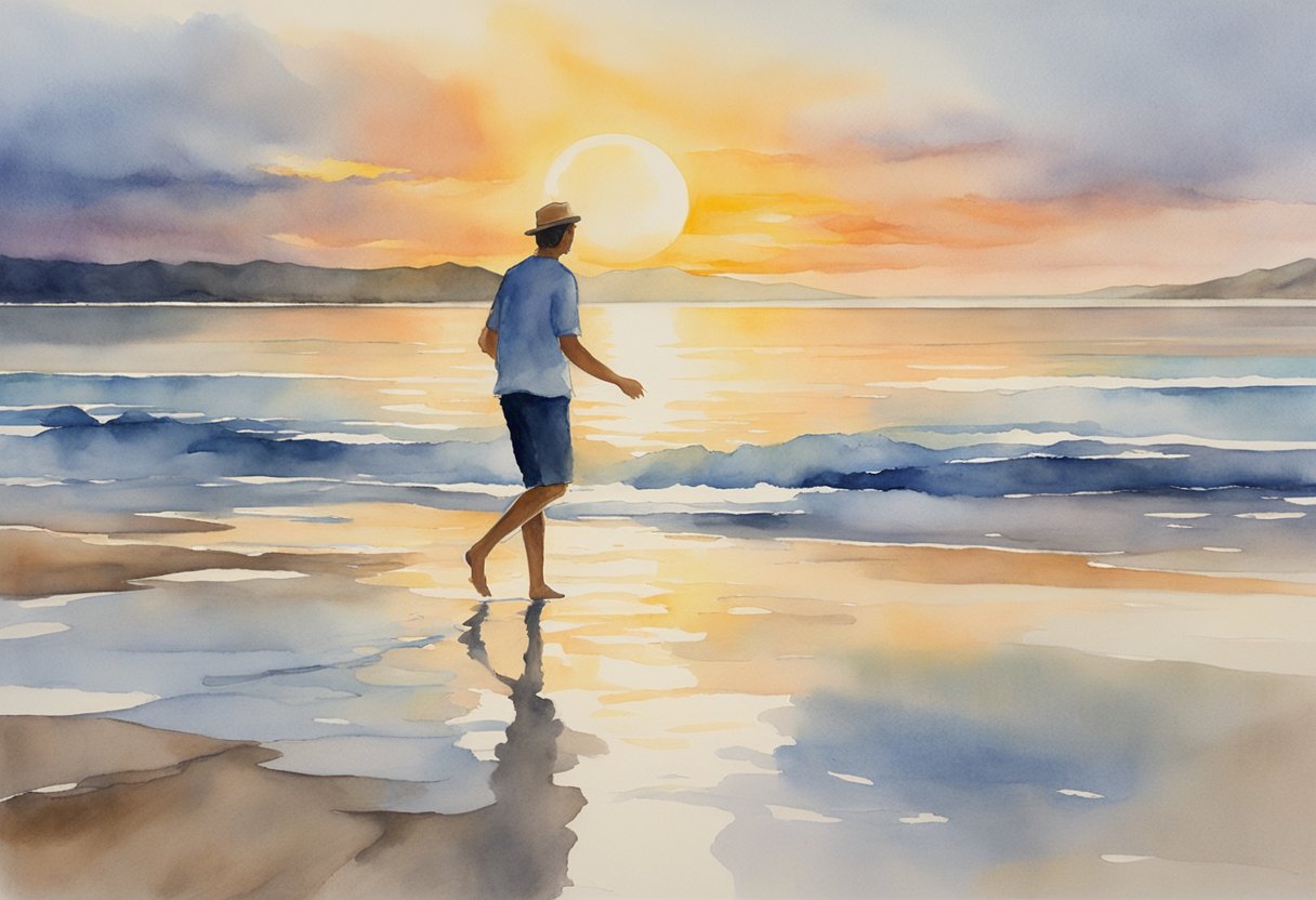 A figure glides across the shore, board skimming the water's edge, sun setting in the distance