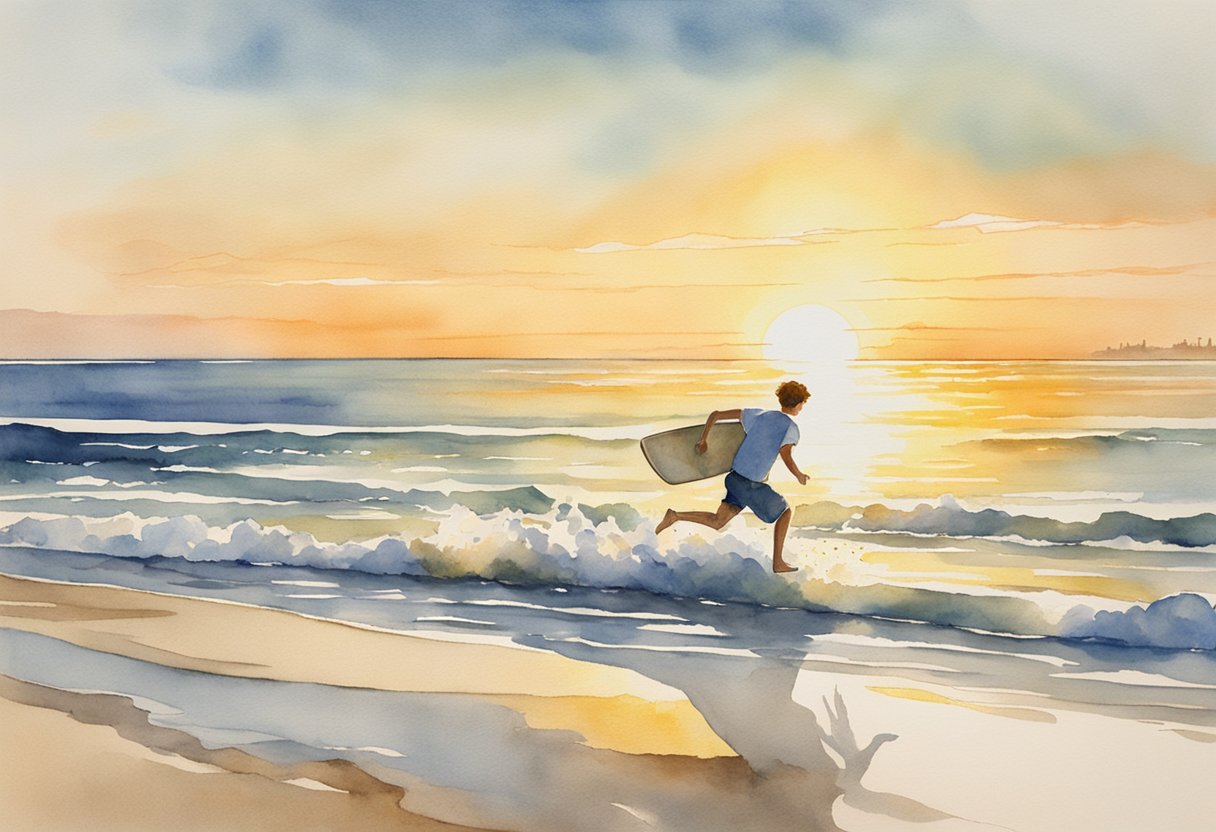 A person is skimming across the water's edge, throwing a board ahead and jumping onto it. The sun is casting a warm glow over the sandy beach