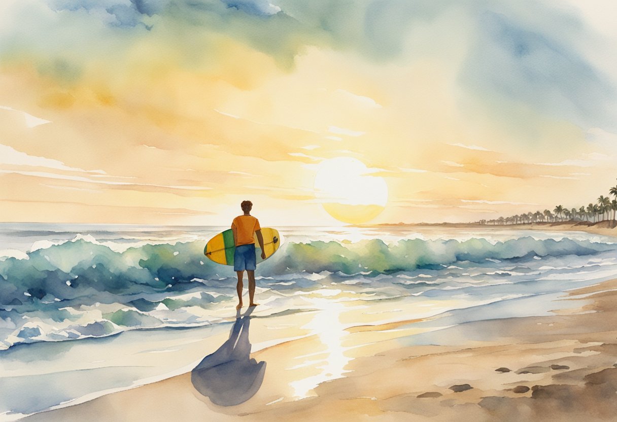 A person stands on the shore, holding a skimboard and looking out at the waves. The sun is shining, and the beach is crowded with other skimboarders