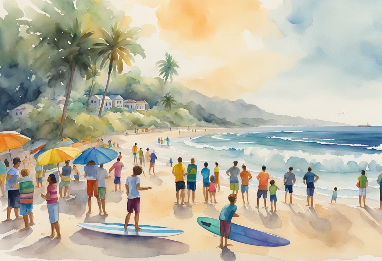 A group of skimboarders gather at the beach, with colorful boards and beach gear scattered around. Some are practicing on the shore, while others watch and chat, creating a vibrant and welcoming community atmosphere