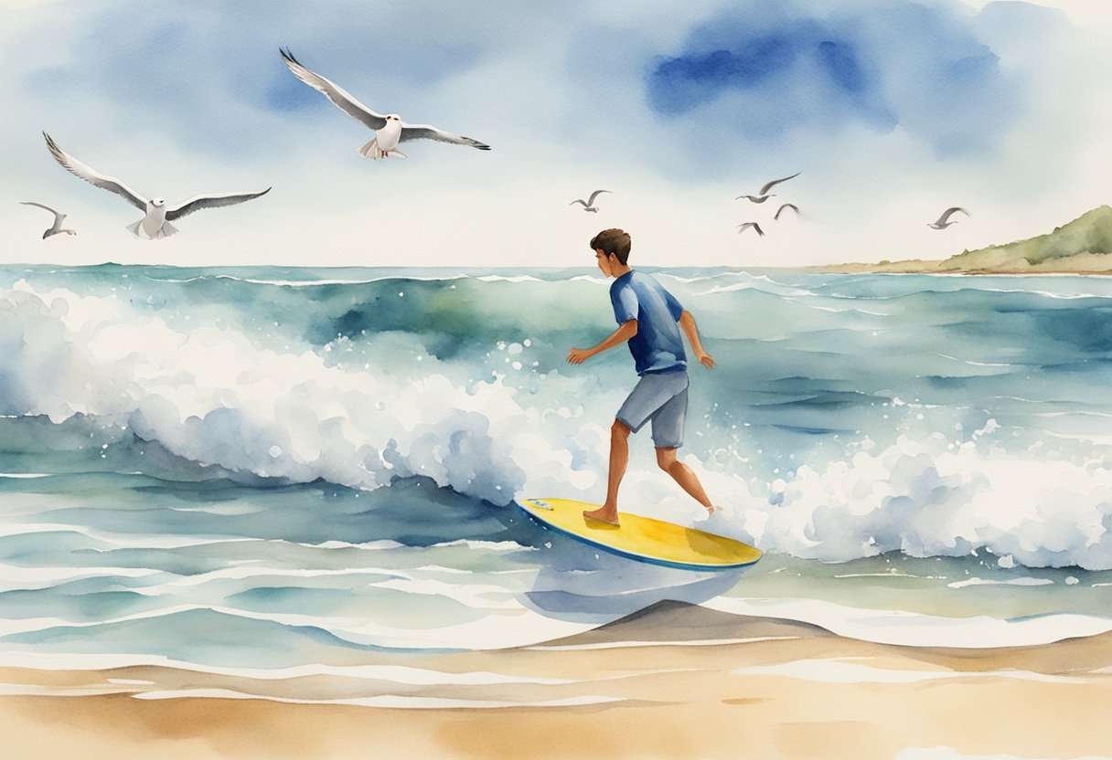 A person skimming across the water, holding a skimboard, with a beginner's guide book in the sand. Waves and seagulls in the background