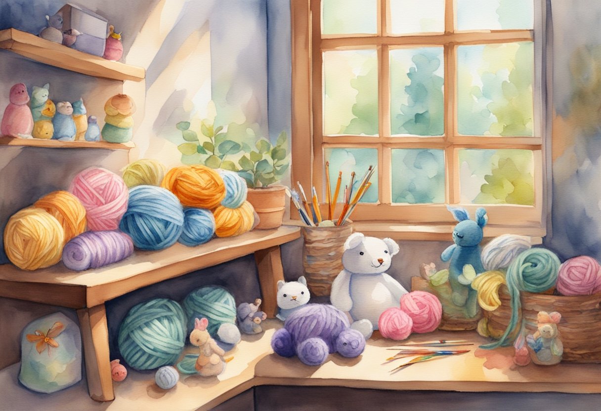 A cozy corner with colorful yarn, crochet hooks, and a variety of cute amigurumi creatures displayed on a shelf. Sunlight streams in through the window, casting a warm glow on the scene