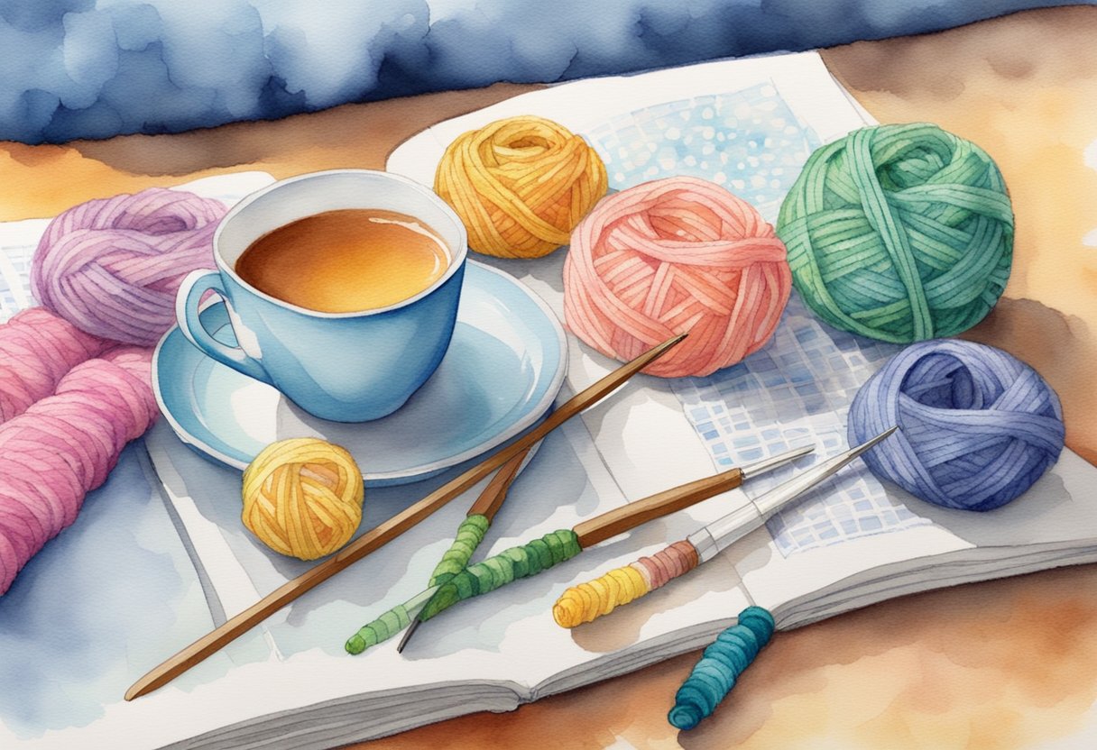 A table with colorful yarn, crochet hooks, stuffing, and pattern book. A finished amigurumi toy sits beside a cup of tea