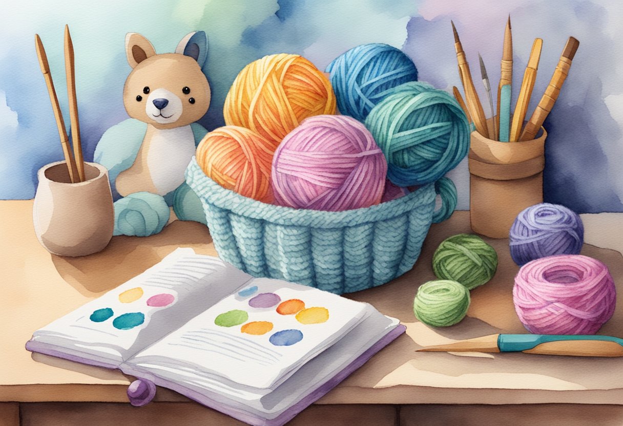 A colorful yarn basket sits next to a crochet hook and pattern book. A cute amigurumi toy takes shape on a worktable