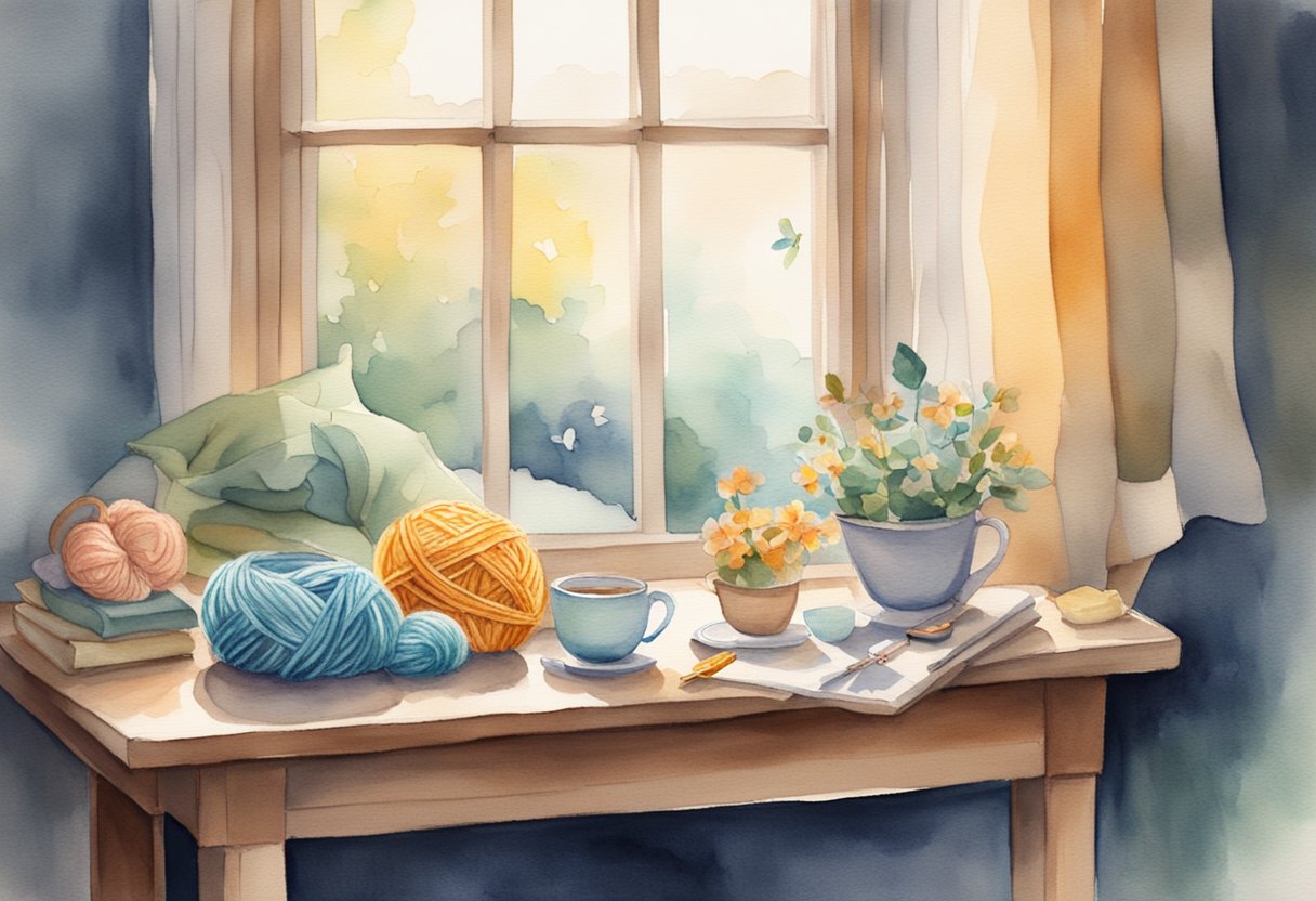 A cozy corner with yarn, crochet hooks, and cute amigurumi creations scattered on a table. Soft lighting and a cup of tea complete the peaceful scene