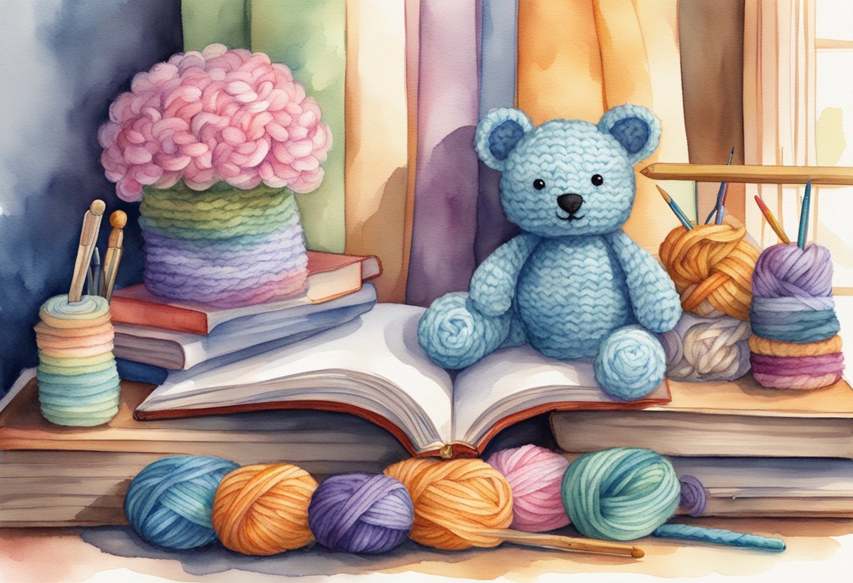 A cozy corner with yarn, crochet hooks, and an open book on amigurumi techniques. A cute amigurumi creature sits nearby, surrounded by colorful skeins of yarn