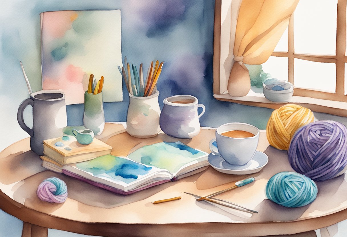 A cozy workspace with colorful yarn, crochet hooks, and an adorable amigurumi project in progress, surrounded by inspiring craft books and a cup of tea