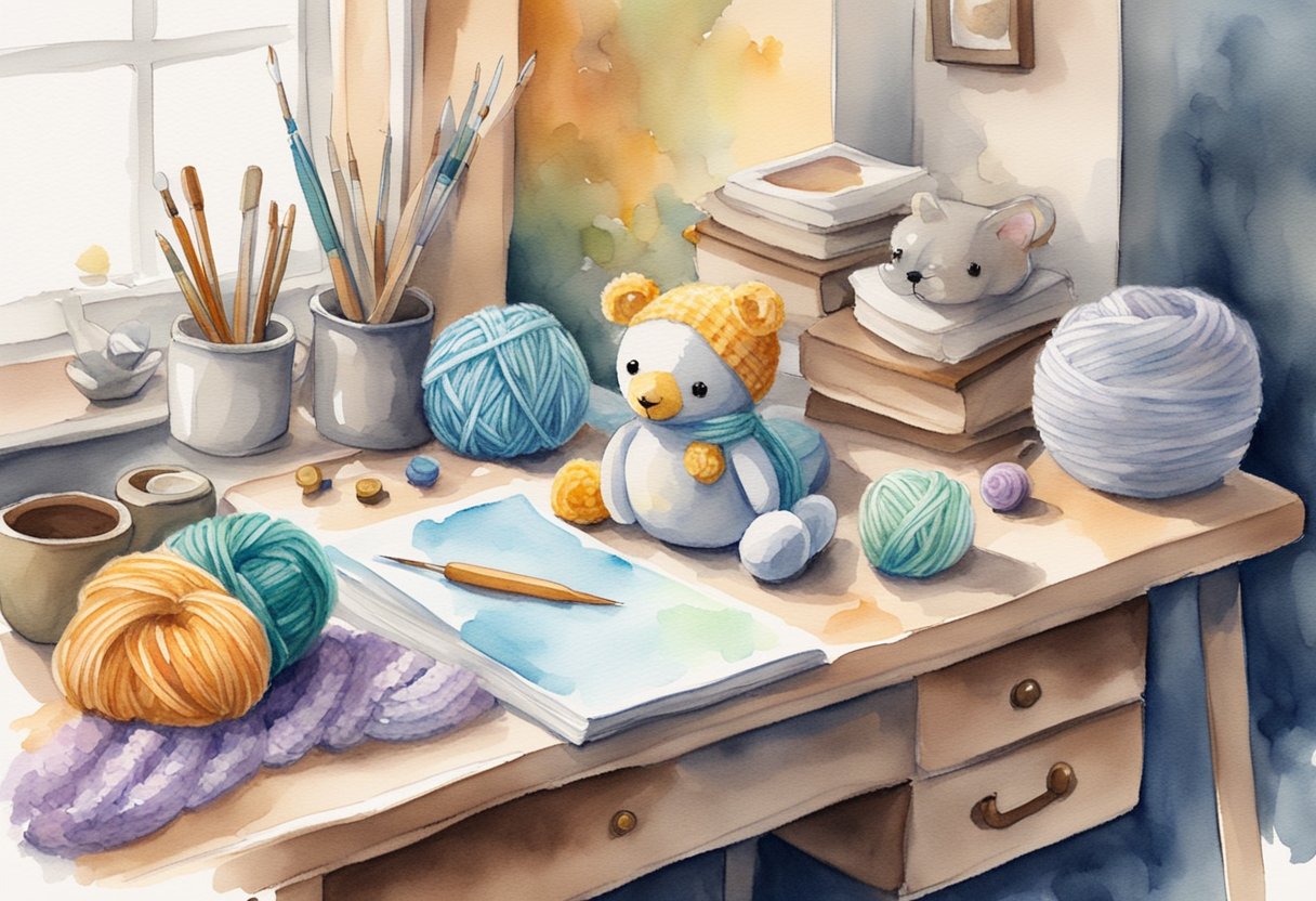A cozy corner with yarn, crochet hooks, and a cute amigurumi creature taking shape on a worktable. A beginner's guide book sits open nearby
