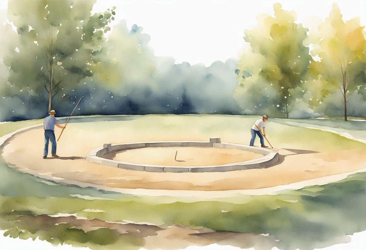 A horseshoe pit with two stakes set 40 feet apart. A player tossing a horseshoe from one end, aiming to encircle the stake