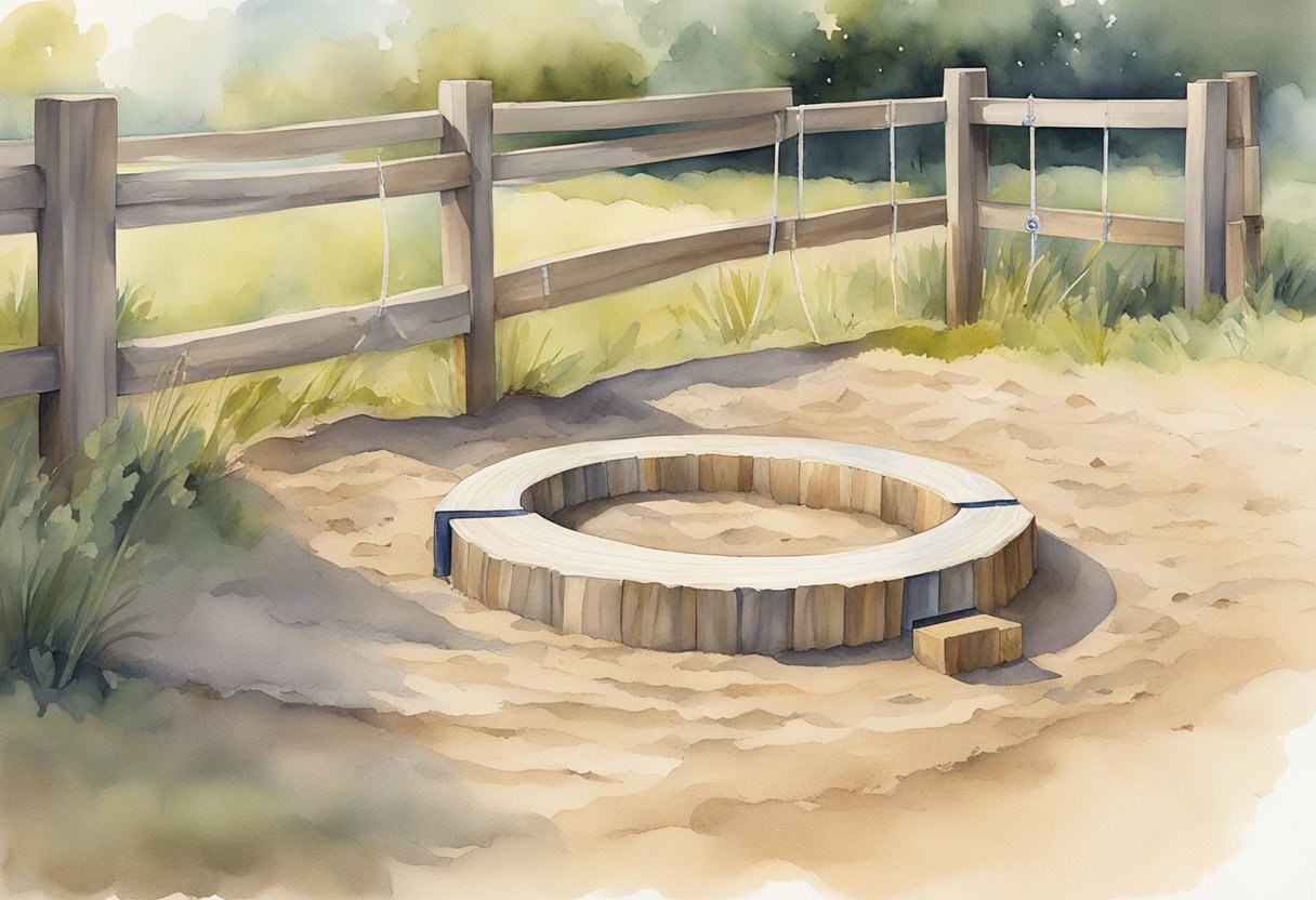 A horseshoe being carefully placed on a wooden post in a backyard, surrounded by a neatly maintained horseshoe pit with sand and a measuring tape