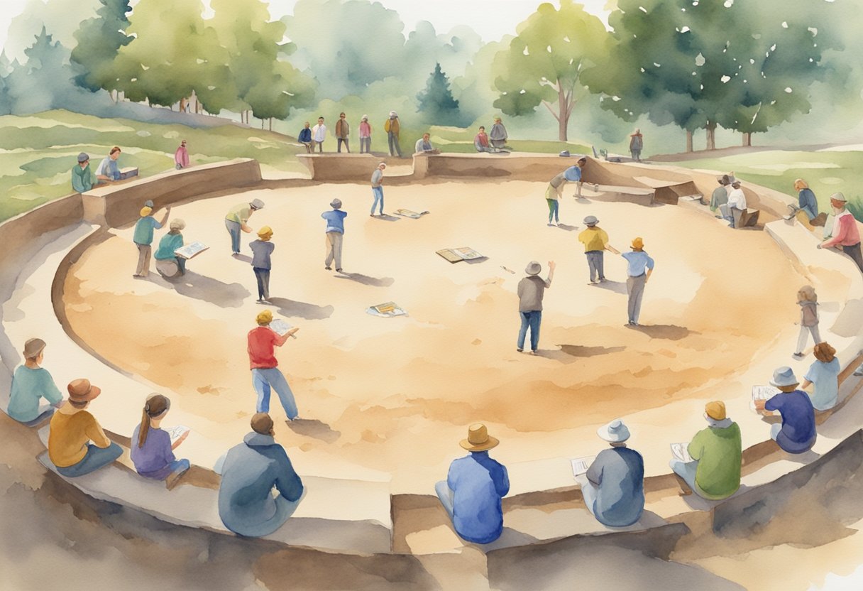 A horseshoe pit with a beginner's guide book nearby, surrounded by a group of enthusiastic hobbyists playing and practicing their throws