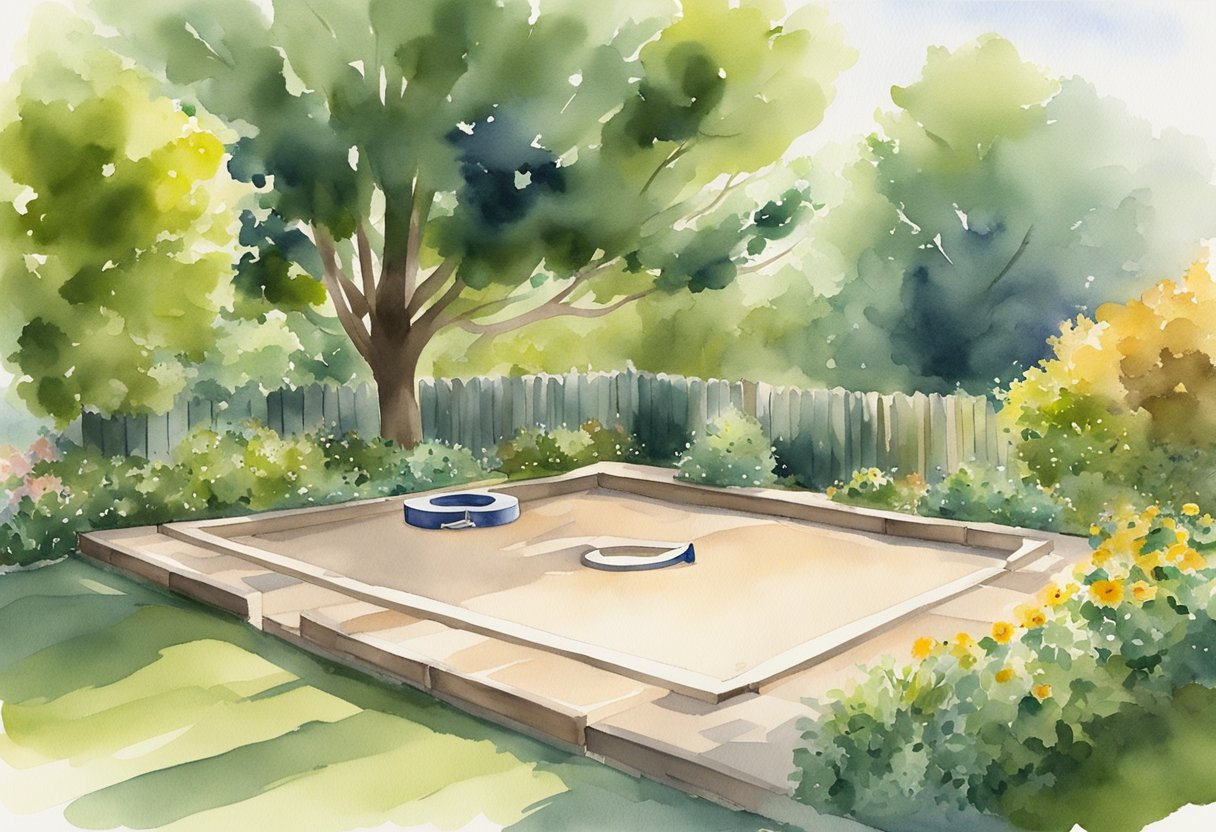 A sunny backyard with a horseshoe pit, surrounded by lush greenery. A set of horseshoes and a measuring tape lay nearby, with a rule book open on a table