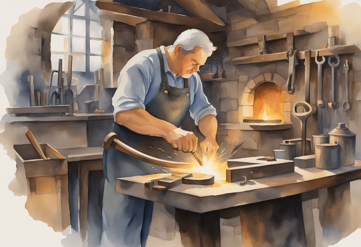 A blacksmith carefully shapes a glowing horseshoe over an anvil, surrounded by various tools and equipment for maintenance and care