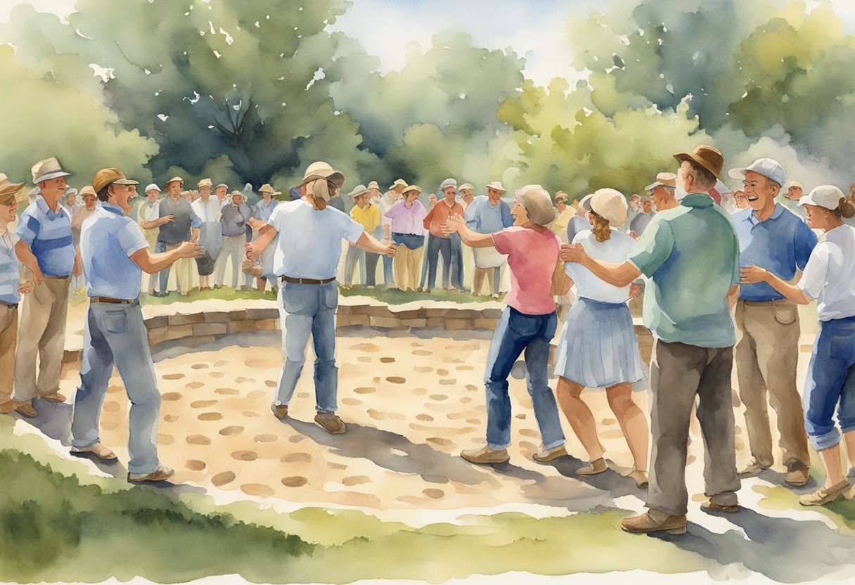 A group of people gather around a horseshoe pit, cheering and clapping as players take turns tossing horseshoes towards the stakes. Laughter and friendly banter fill the air, creating a sense of community and camaraderie