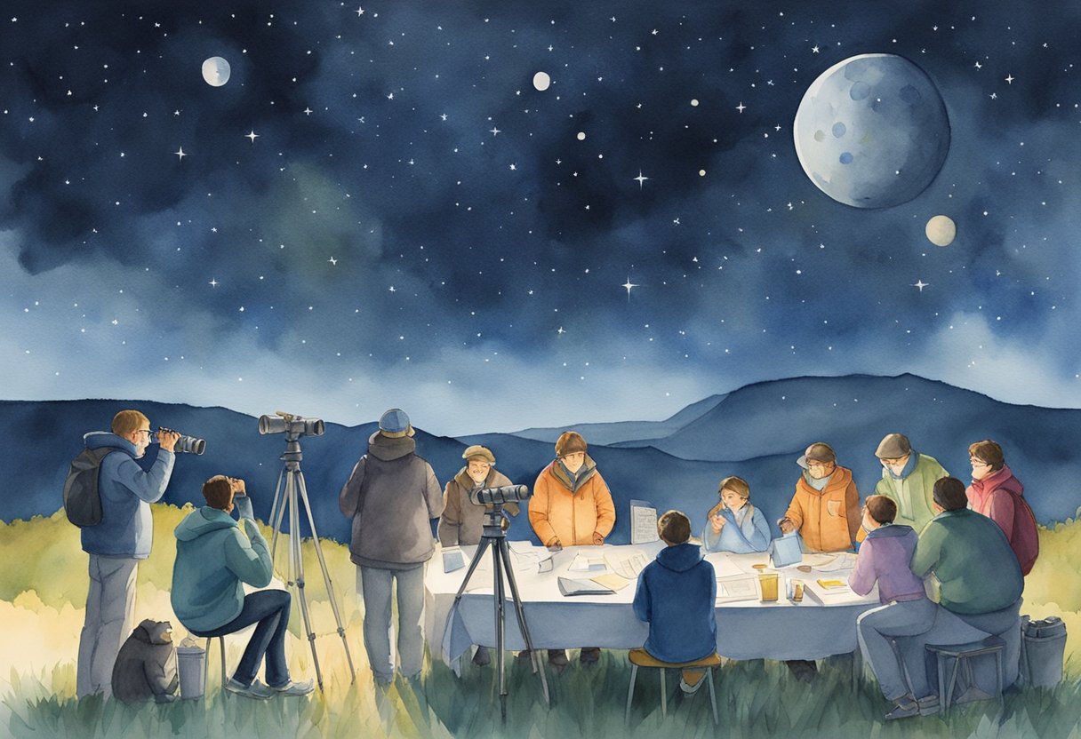 A group of amateur astronomers gather under a clear night sky, pointing telescopes and binoculars at the stars. Charts and guidebooks are spread out on a table, and excited chatter fills the air