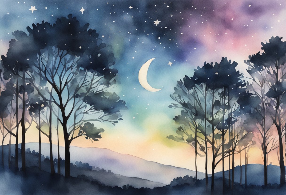 The night sky filled with twinkling stars and a bright crescent moon, framed by silhouetted trees and a distant horizon